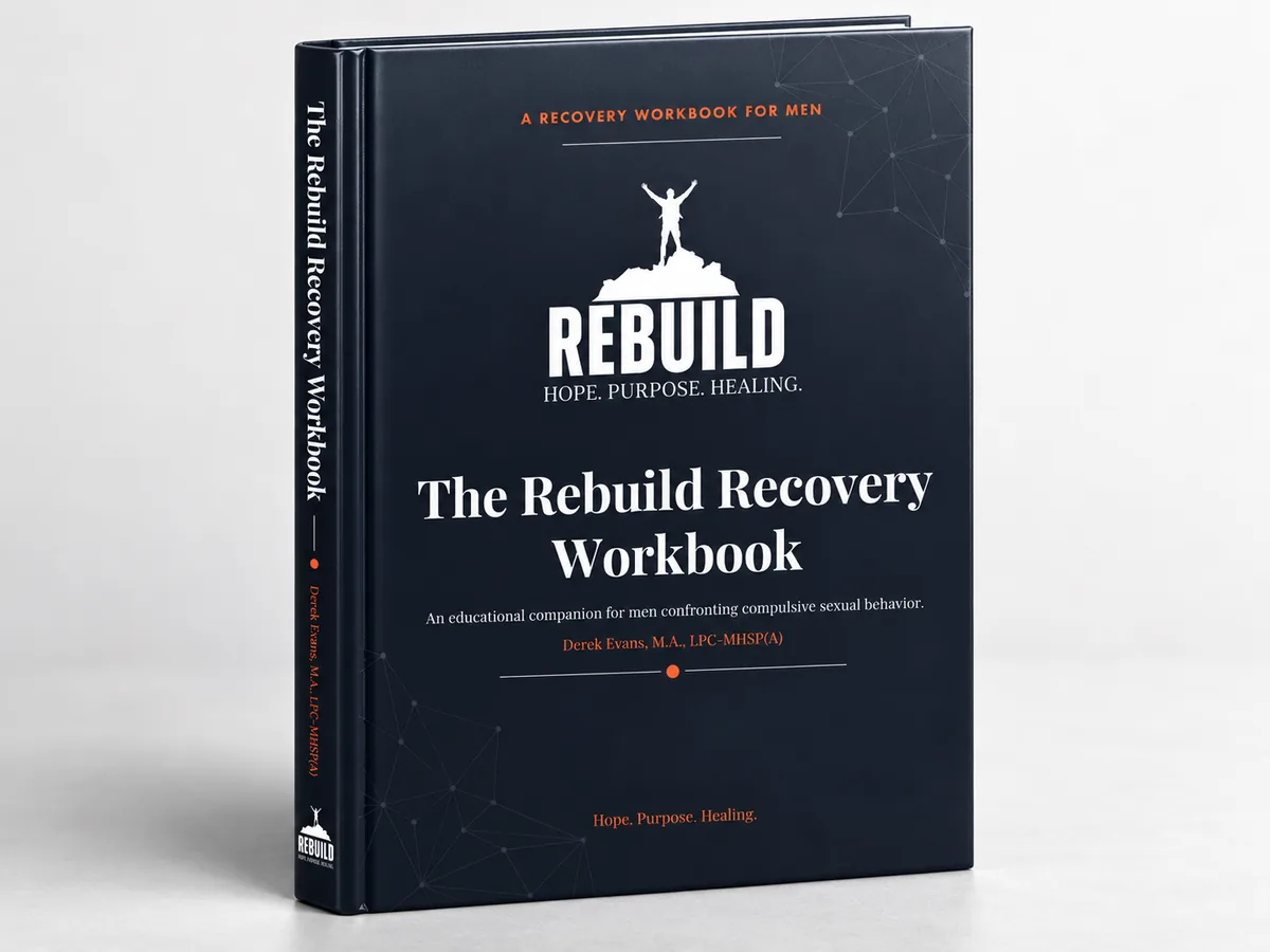 Hardcover of the Rebuild Recovery Workbook standing on a light surface